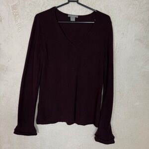 Ann Taylor Cashmere V-Neck Sweater Plum Burgundy Ruffle Cuff Womens Medium